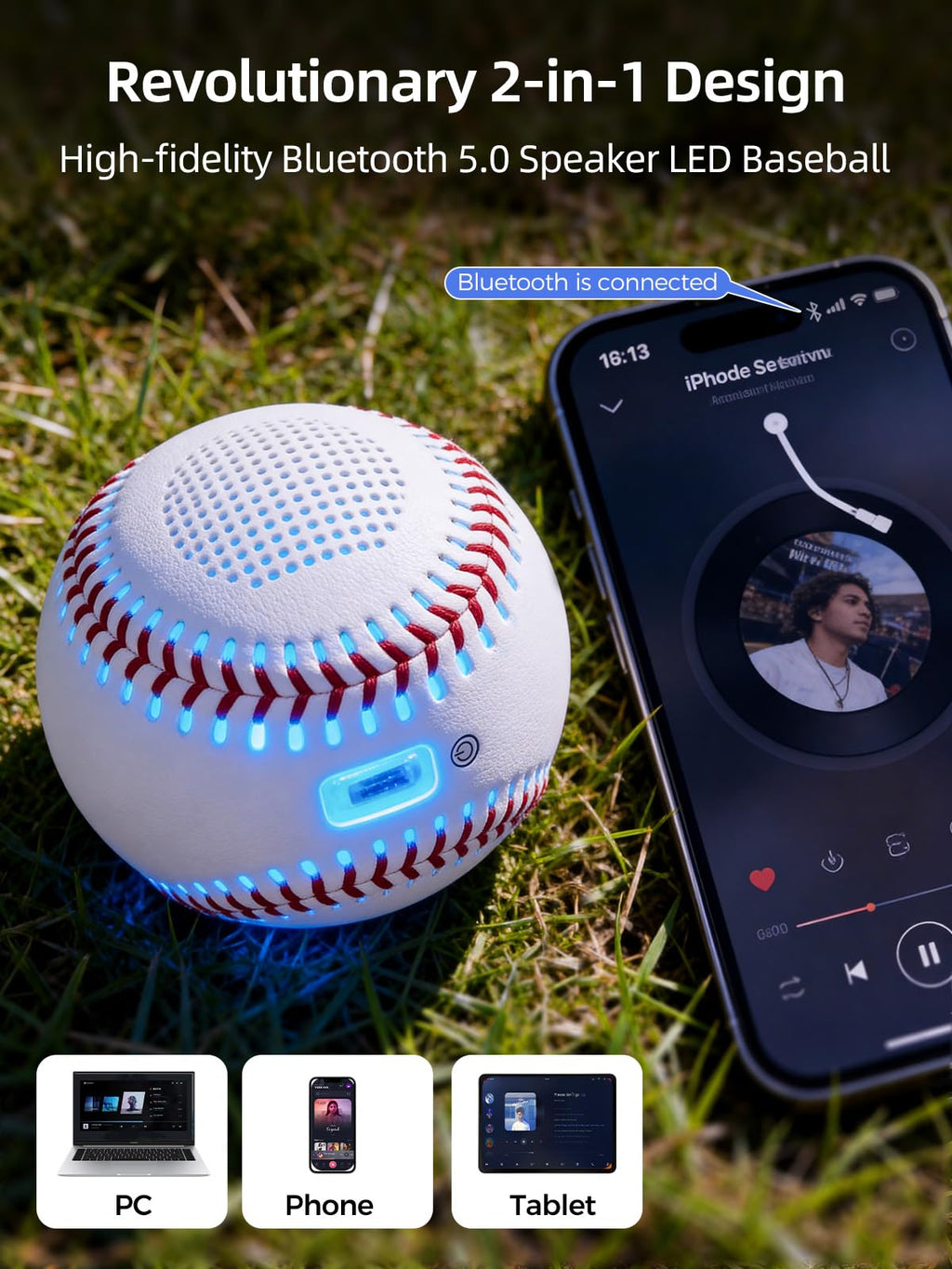 AIYUNDI Light Up & Glow-in-The-Dark Baseball with Bluetooth Speaker, Sports Gifts for Baseball Fans, Boys 8-12, Teens & Adults, Unique Accessories