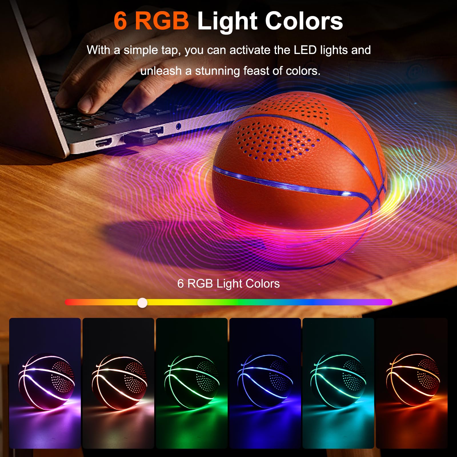 Portable Bluetooth Speaker: Glow-in-The-Dark Basketball and Charger via USB-C - Wireless Bluetooth Speakers - Ideal Gifts for Children, Teenagers and Adults(Orange)
